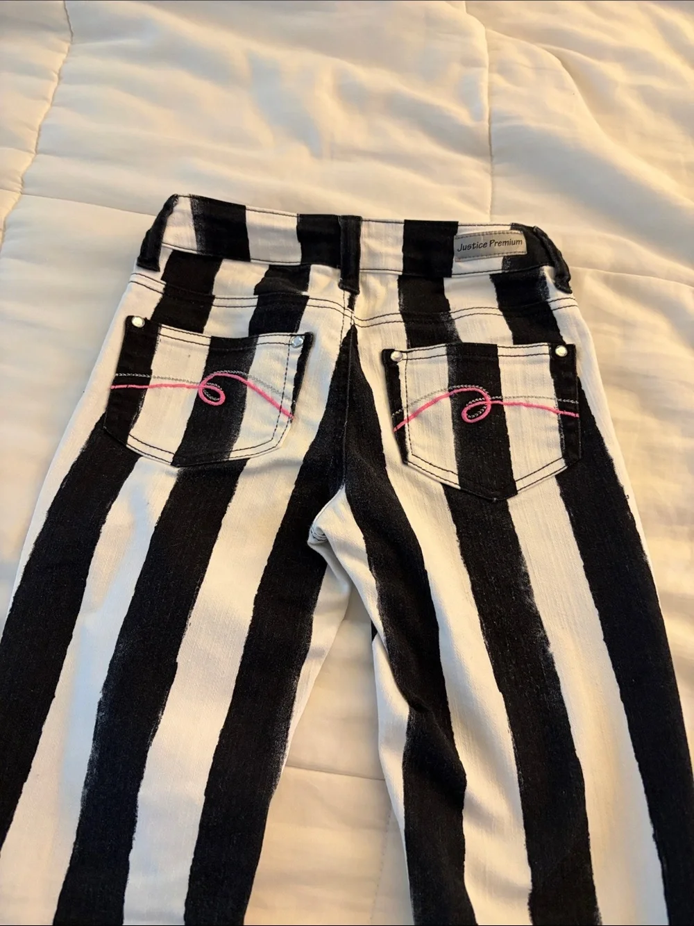 Justice Premium Black & White Striped Jeans with Pink Script Logo Size 12S